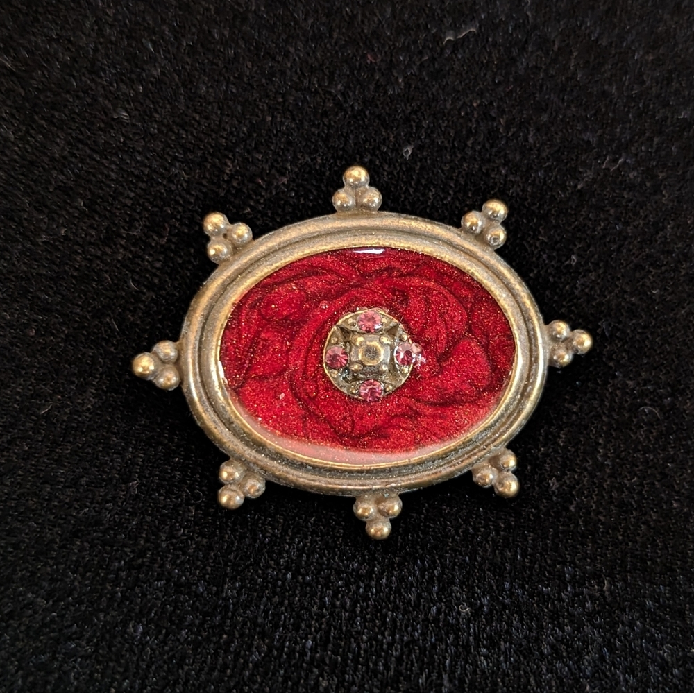 Vintage Enameled Brooch, Red with Brass/Gold Tone